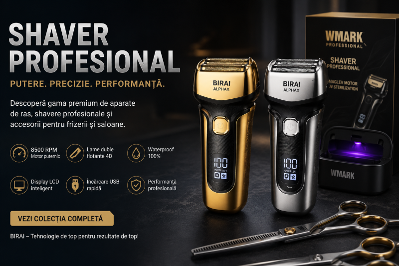 Shavere profesionale BIRAI AlphaX Gold si Silver alaturi de accesorii WMARK pentru frizerii si saloane